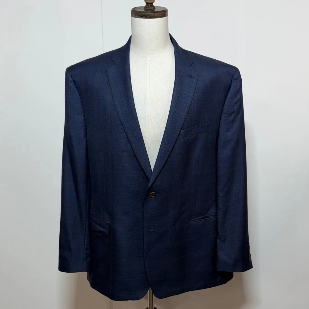 Jos. A. Bank Blazer Men 48L Blue Plaid Signature Collection Silk Wool Sport Coat
